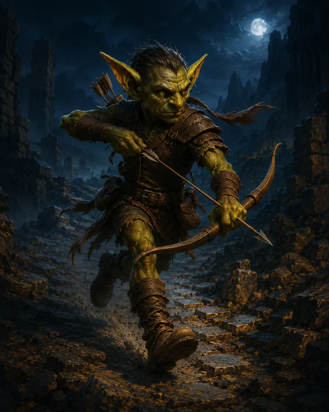 Barevná fantasy ilustrace položky bestiáře Goblin lučištník