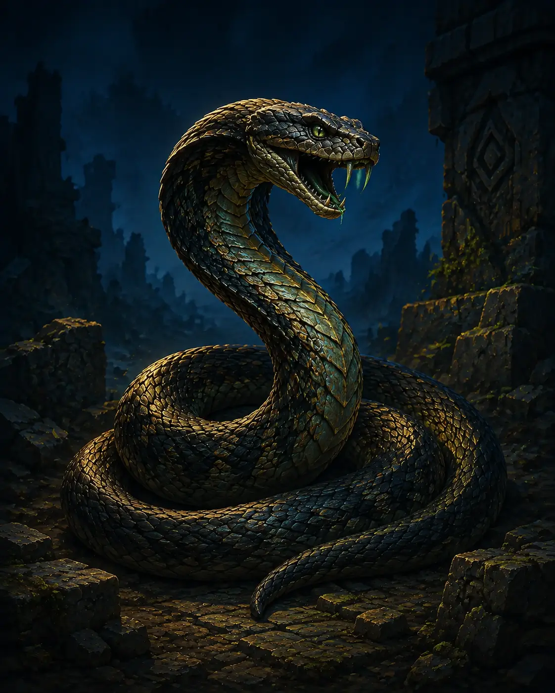 Barevná fantasy ilustrace položky bestiáře Jedovatý had