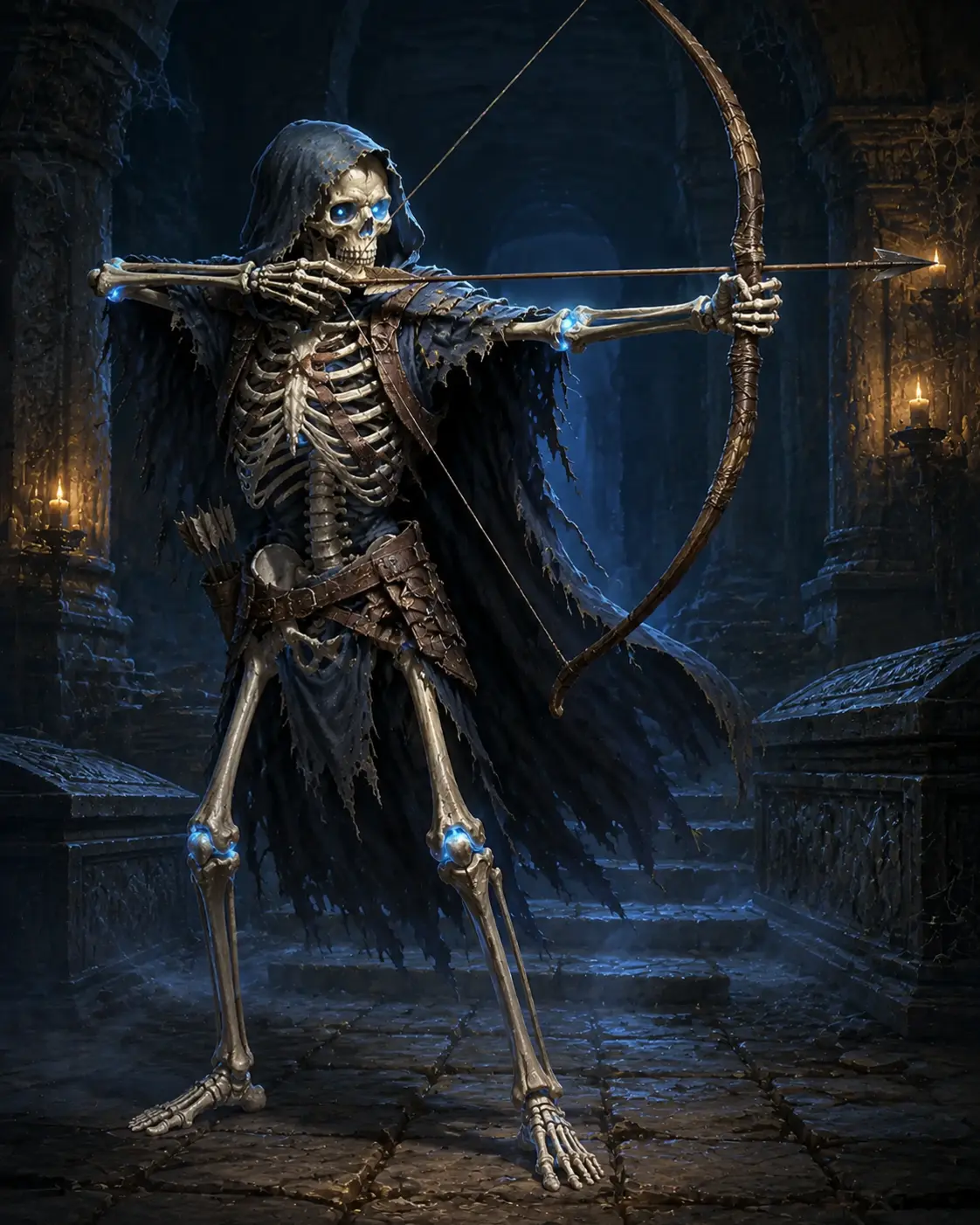 Barevná fantasy ilustrace položky bestiáře Kostlivec lučištník