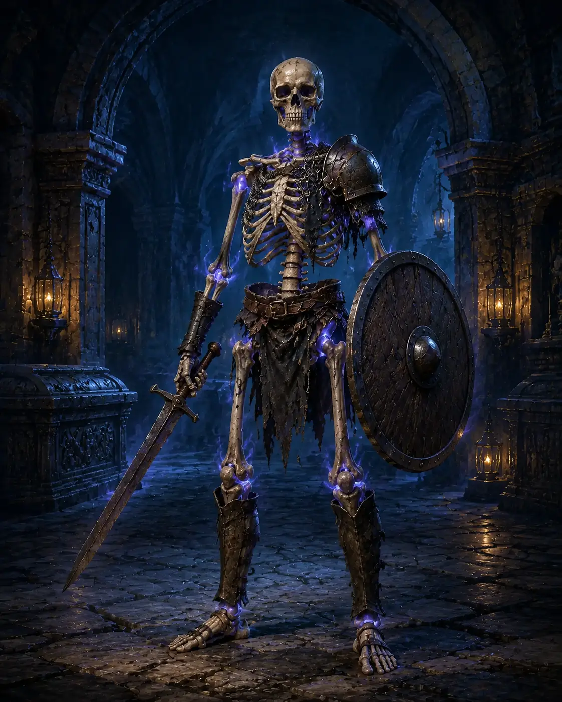 Barevná fantasy ilustrace položky bestiáře Kostlivec