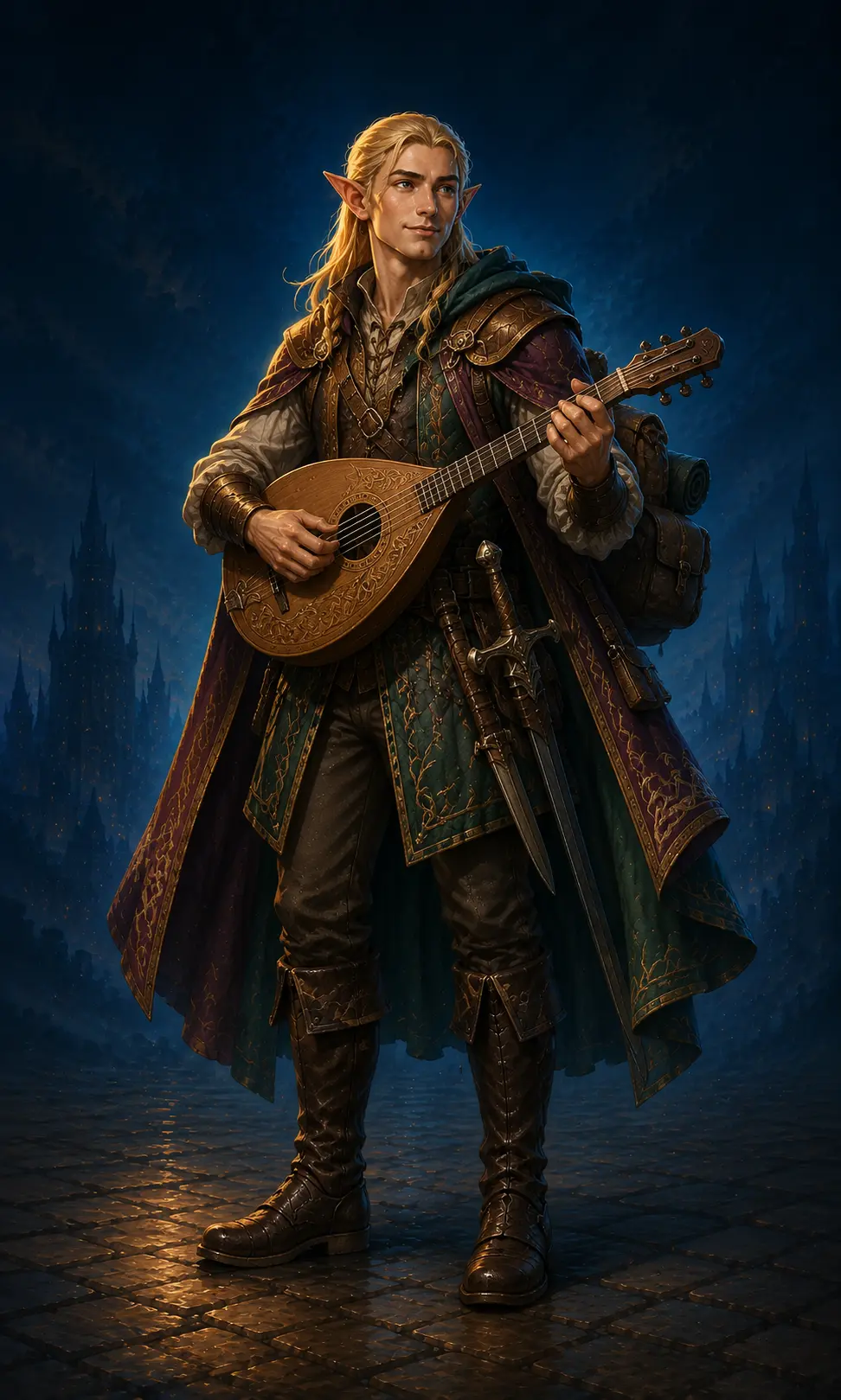 Barevná fantasy ilustrace hrdiny Elf – Bard