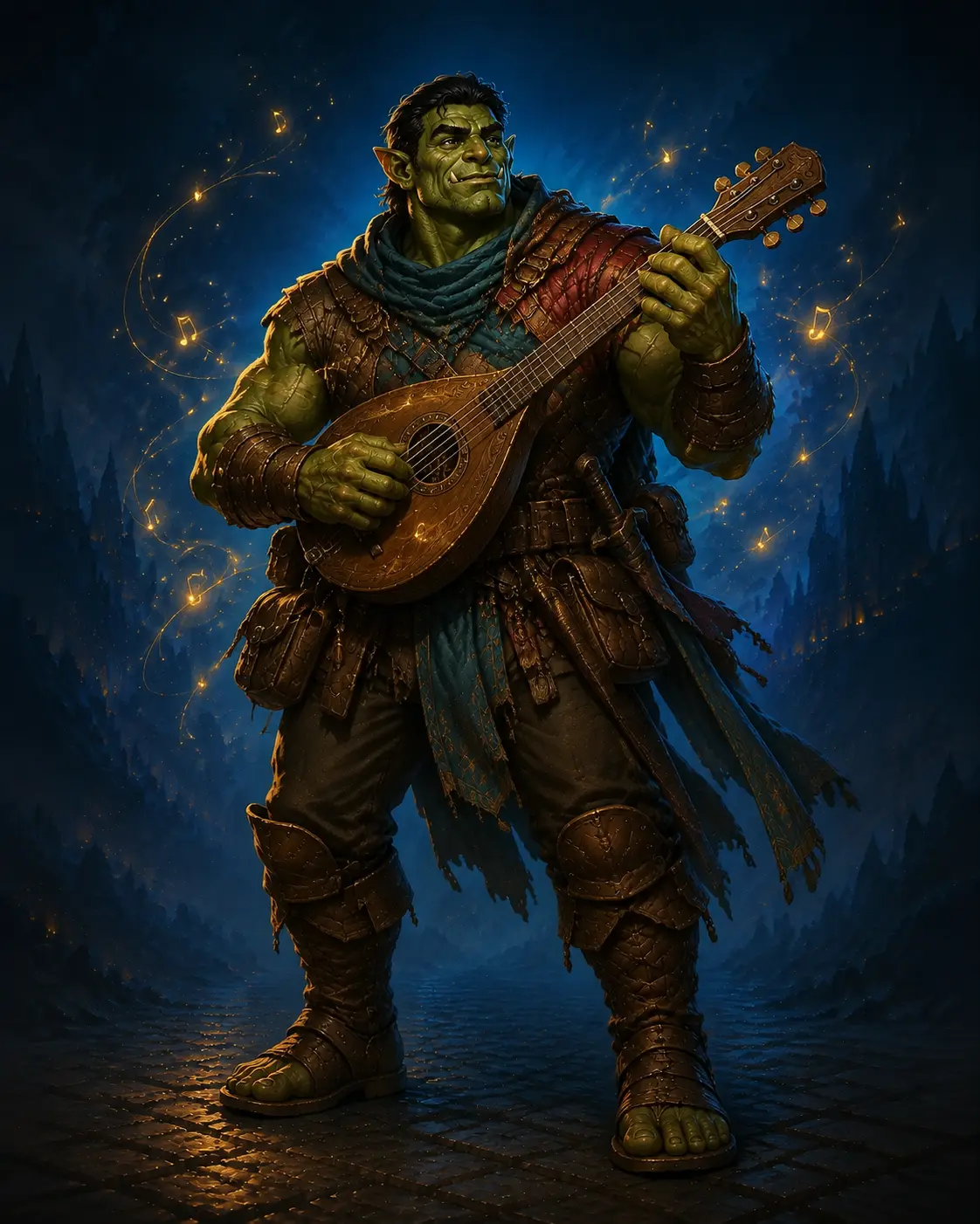 Barevná fantasy ilustrace hrdiny Ork – Bard