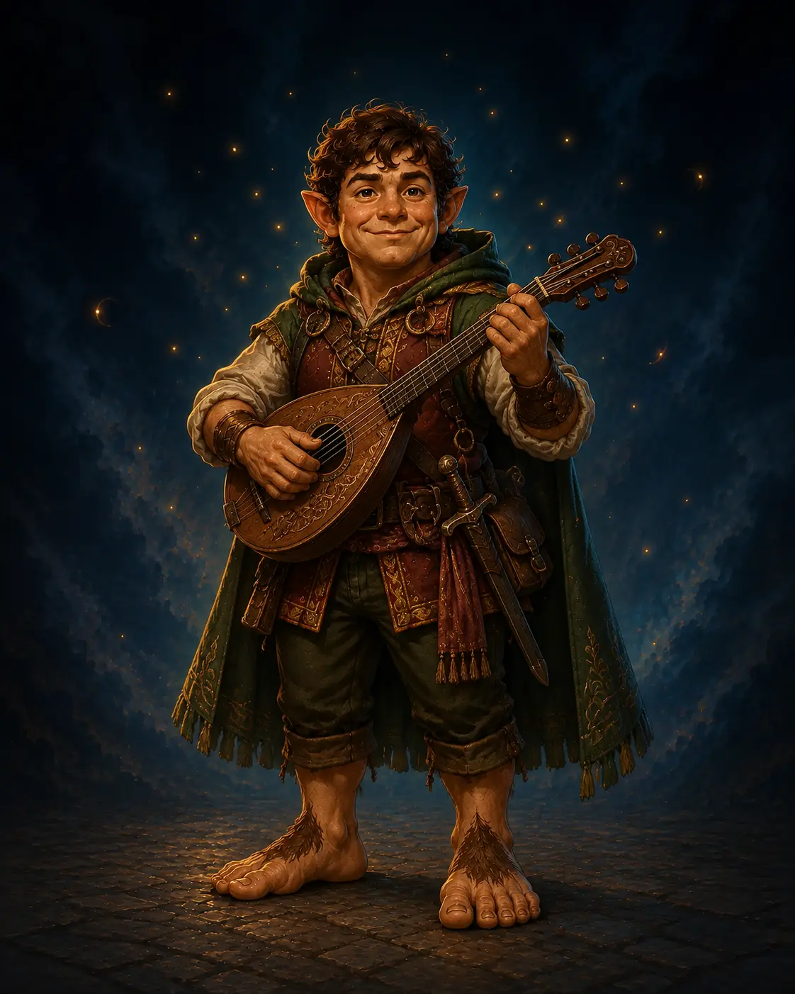 Barevná fantasy ilustrace hrdiny Půlčík – Bard