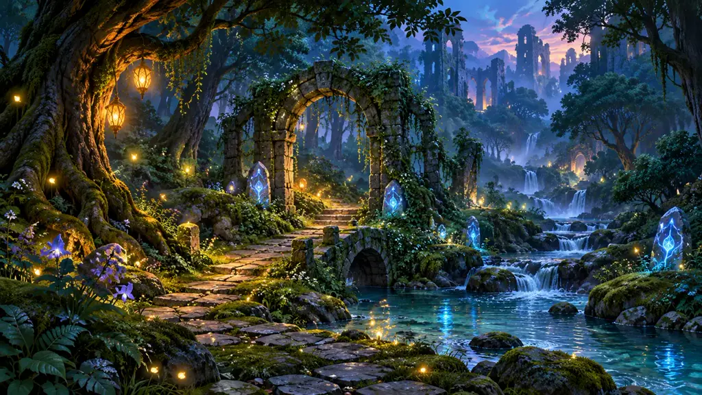 An overgrown stone arch in an enchanted Elarian forest, lit by glowing magic