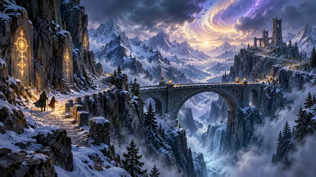 A narrow snowy mountain pass in Elaria with a stone bridge and glowing protective runes