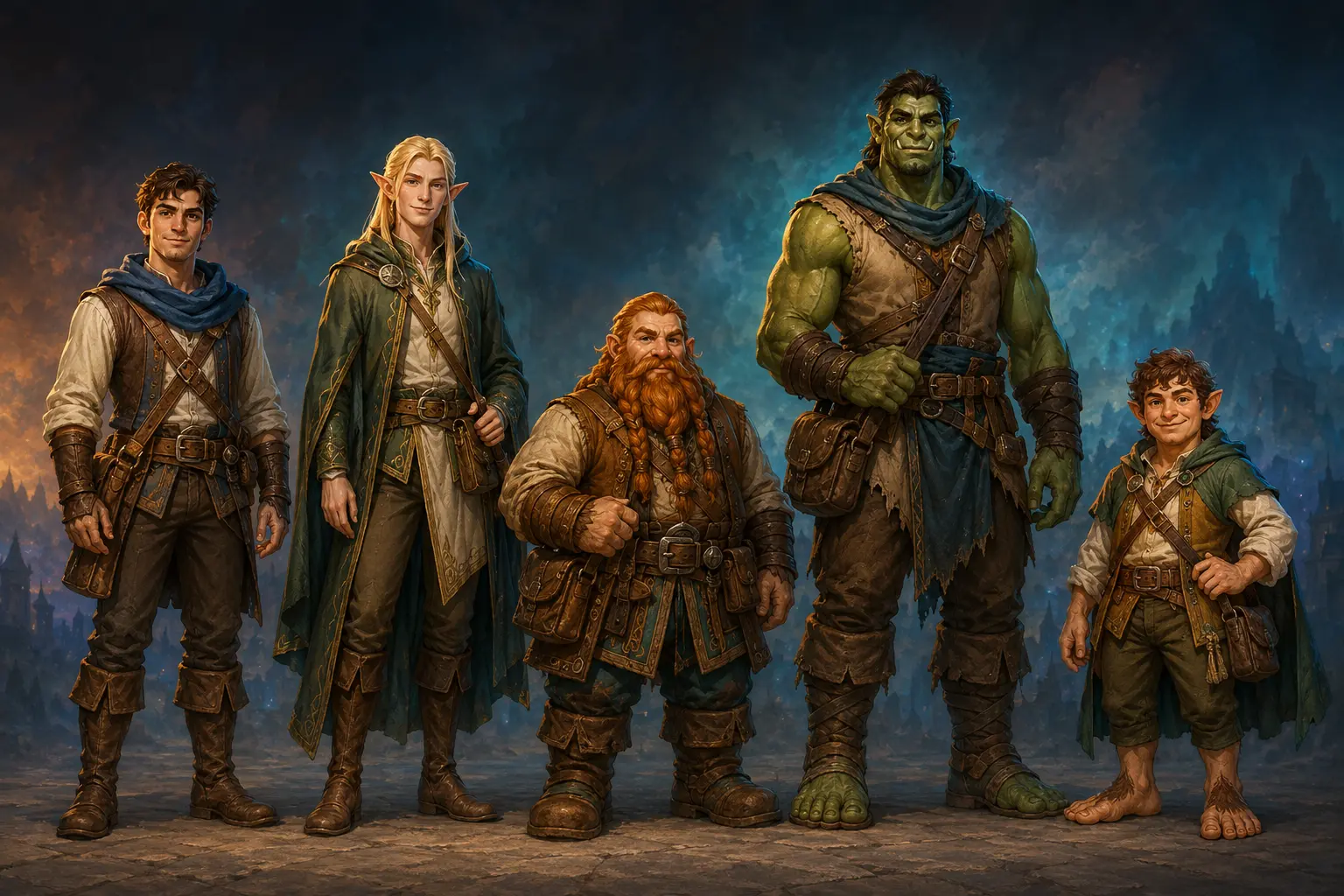 Člověk, elf, trpaslík, ork a půlčík vedle sebe