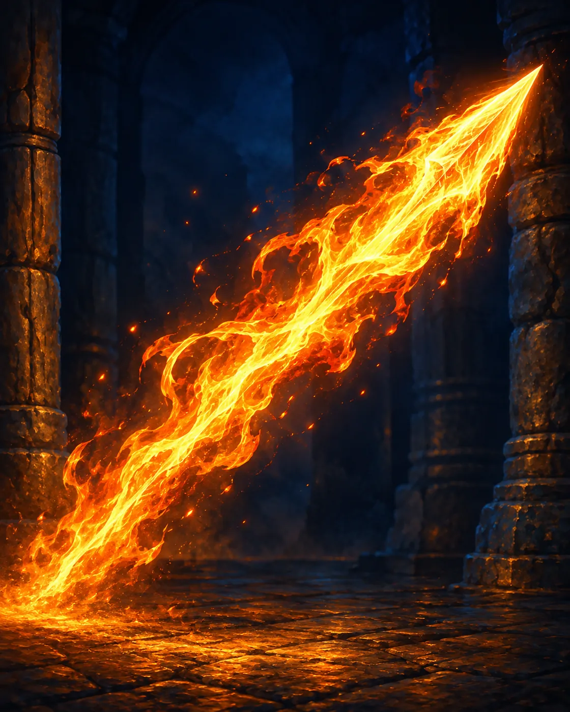 Fantasy illustration of the Flame Spear spell