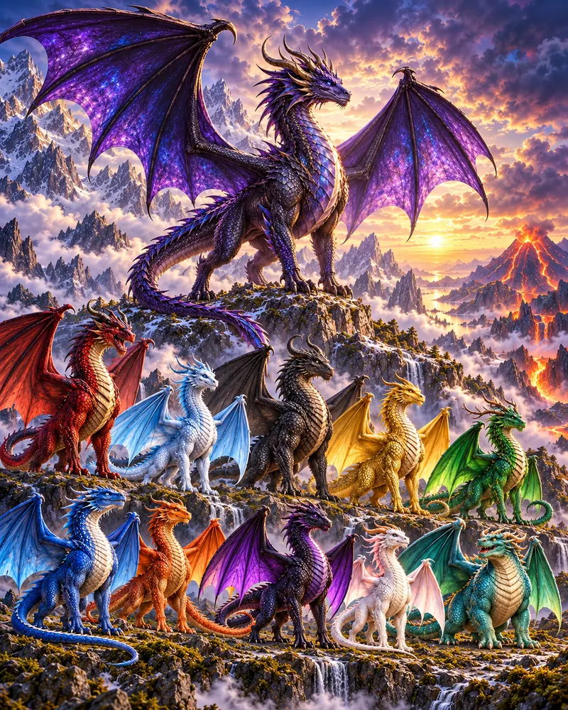 Ten dragons gather in a valley beneath their purple patron