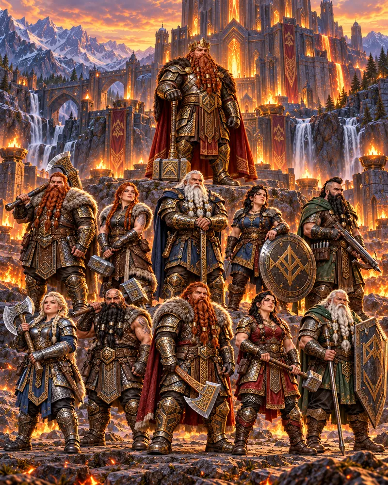 Ten Dwarves defend their mountain fortress under their king