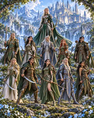 Ten Elven fighters in a quiet silver forest