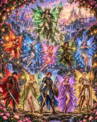 The Emerald Queen leads ten fairies from an enchanted forest