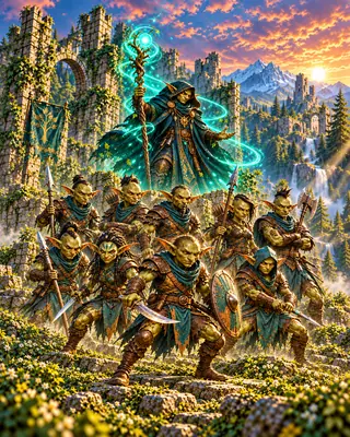 Goblin fighters led by a hooded shaman with a magical staff