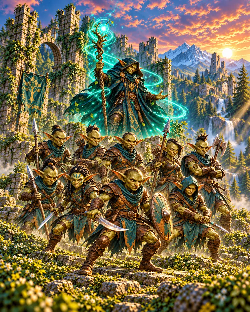 Goblin fighters led by a hooded shaman with a magical staff