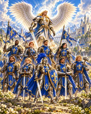Blue-armoured knights beneath their Guardian Angel