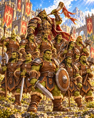 A mighty Orc army with its crowned leader at the front