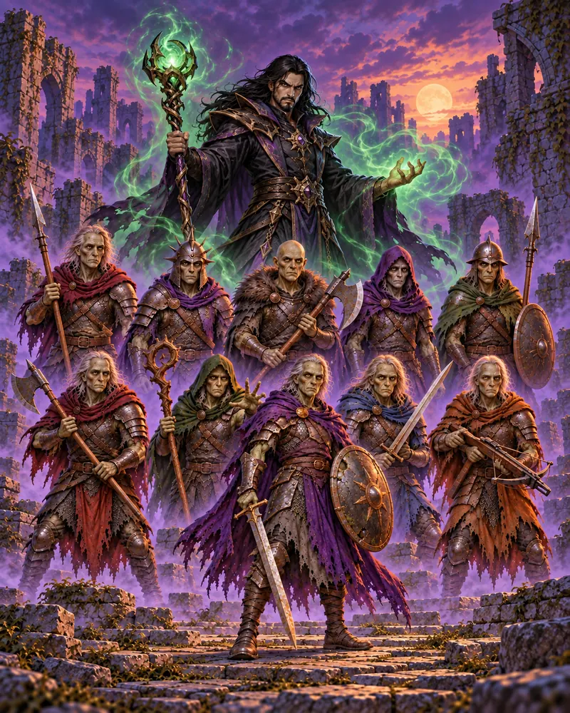 Ranks of undead warriors led by a Necromancer and green magic