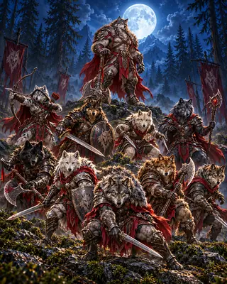 A wolf pack led by its Alpha beneath the moonlit sky