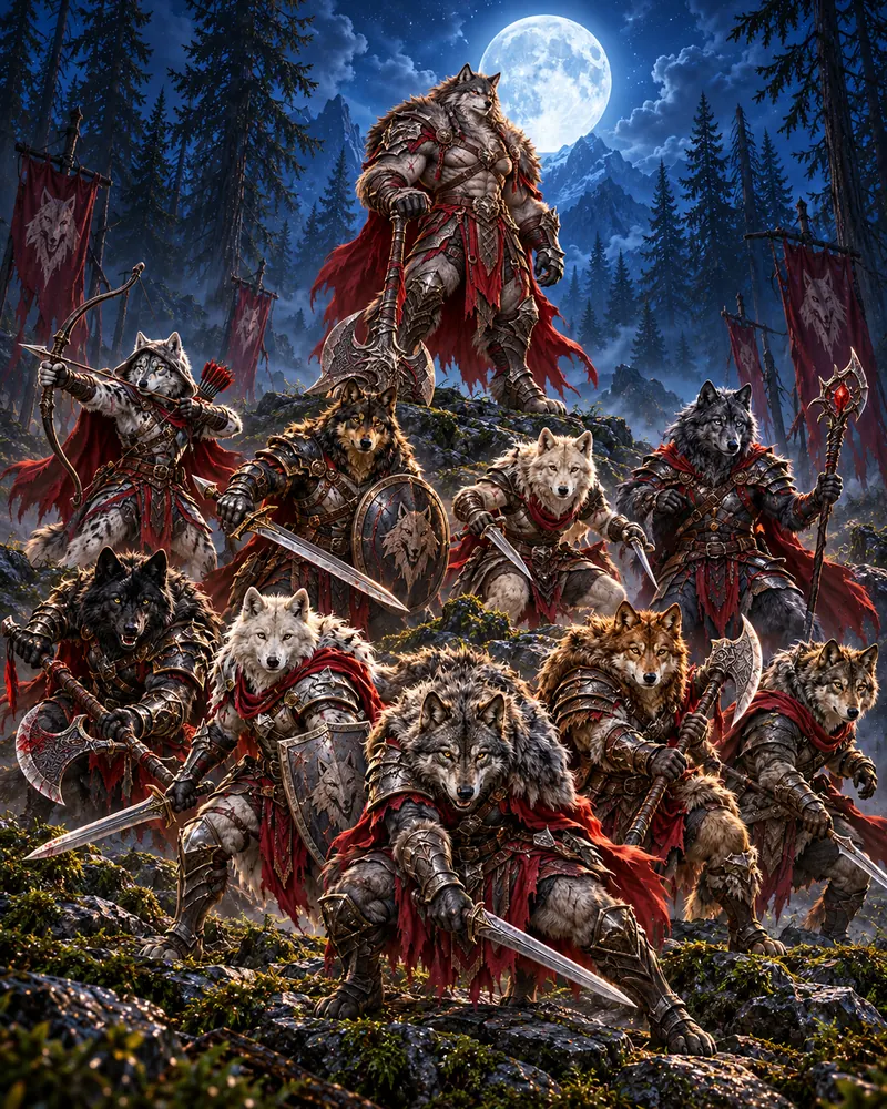 A wolf pack led by its Alpha beneath the moonlit sky