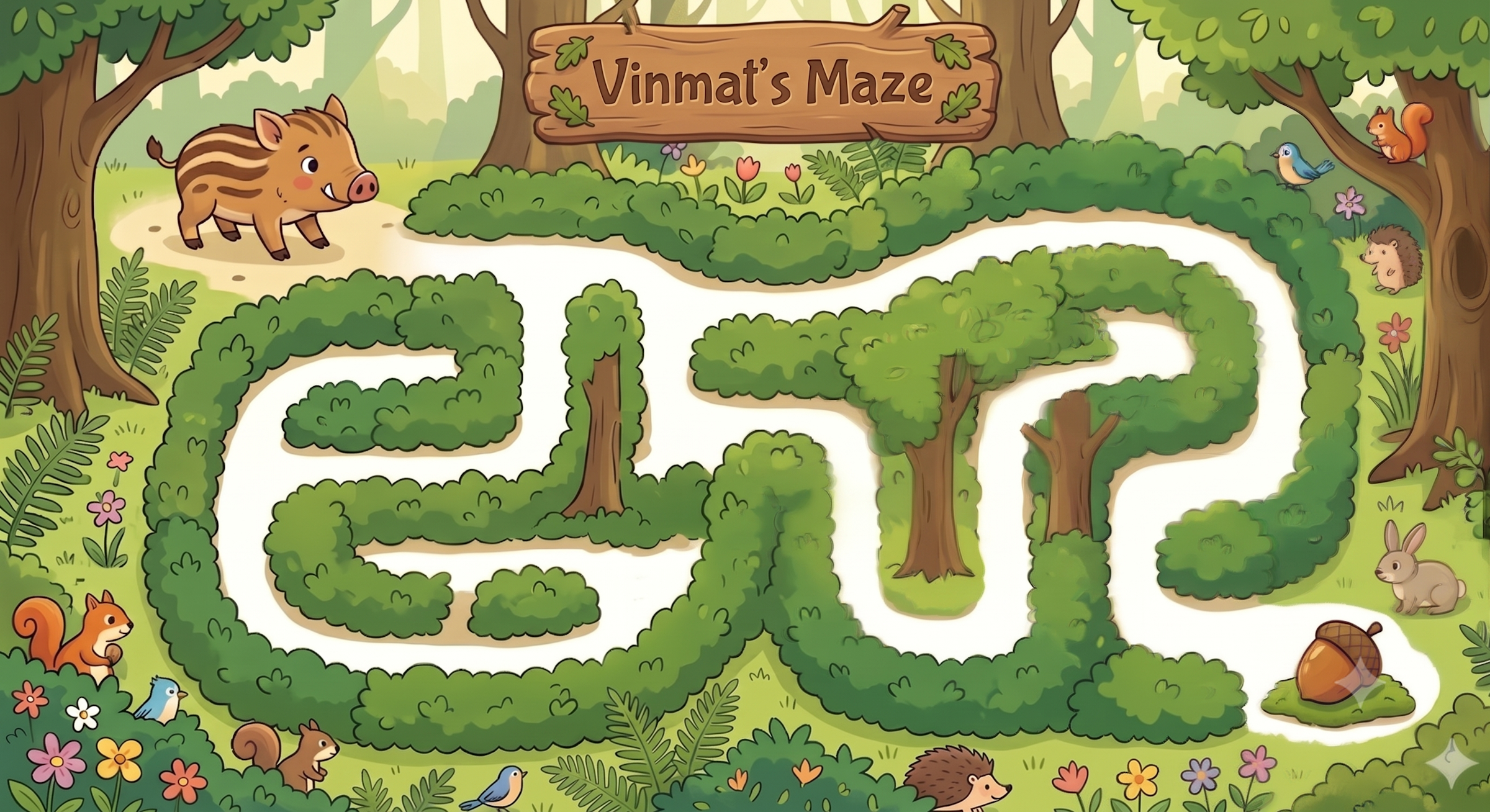 Simple colorful maze with a little striped piglet finding an acorn in a hedge for toddlers and kids 3–4 years old free to print