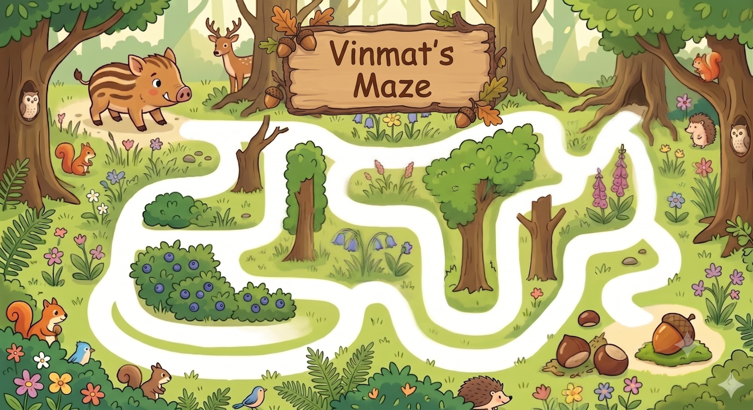 Simple colorful maze with a little striped piglet finding an acorn in the forest for toddlers and kids 3–4 years old free to print