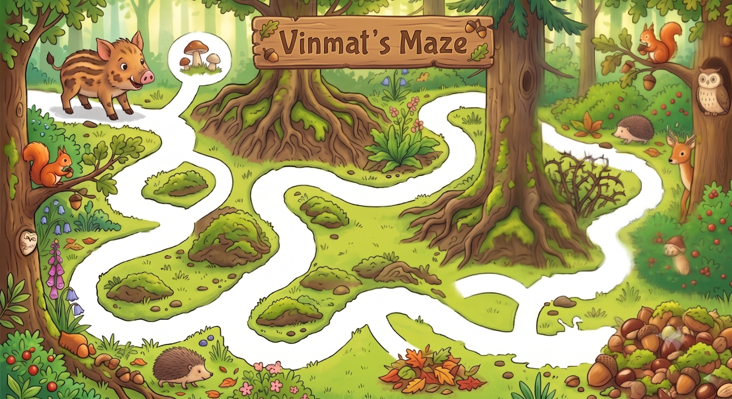 Simple colorful maze with a little striped piglet finding an acorn in the deep forest for toddlers and kids 3–4 years old free to print