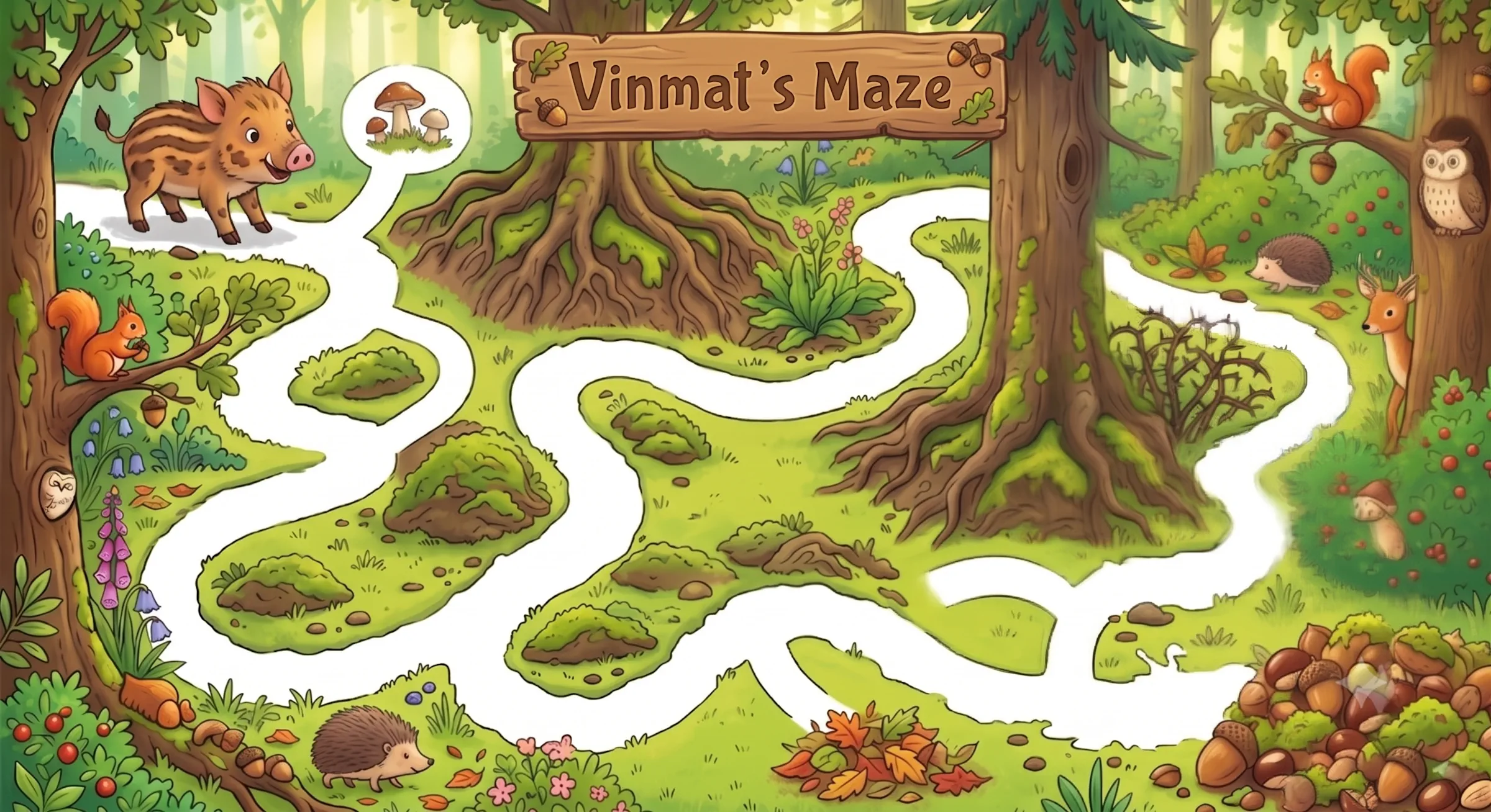 Piglet looking for an acorn in the deep forest