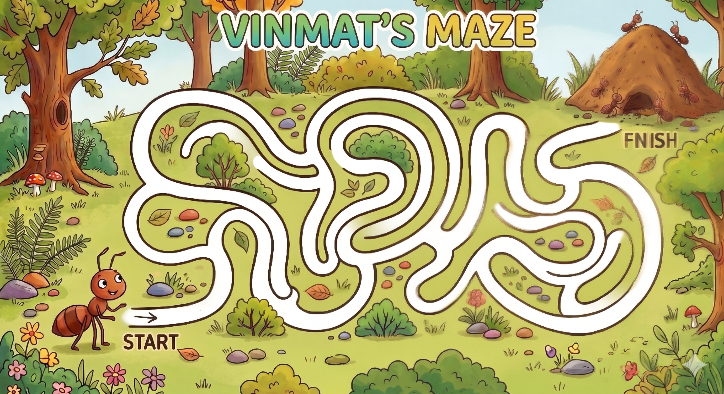 Simple colorful maze with an ant finding its way to the anthill for preschoolers 5–6 years old free to print