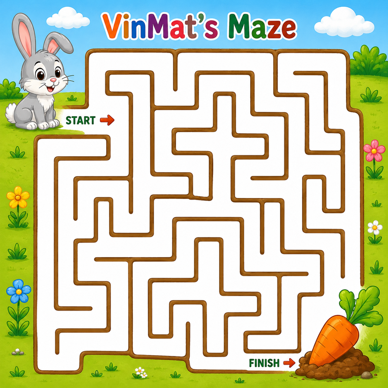 Simple colorful maze with a bunny finding its way to the carrot for preschoolers 5–6 years old free to print