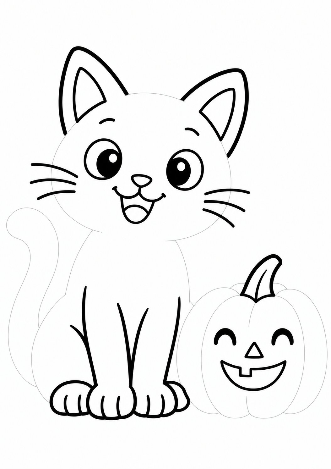 Cat with a Halloween Pumpkin: LV1 tracing worksheet with thin gray guide lines for ages 3–4, free to print on A4 paper.