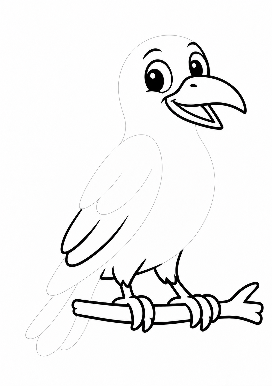 Friendly Raven: LV1 tracing worksheet with thin gray guide lines for ages 3–4, free to print on A4 paper.
