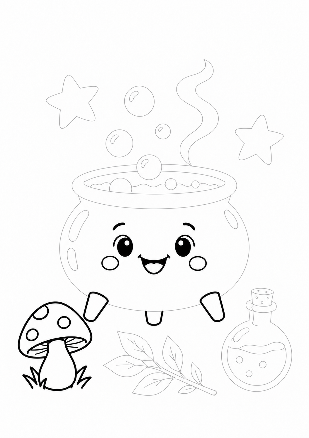 Witch Cauldron with Bubbles: LV2 tracing worksheet with thin gray guide lines for ages 5–6, free to print on A4 paper.