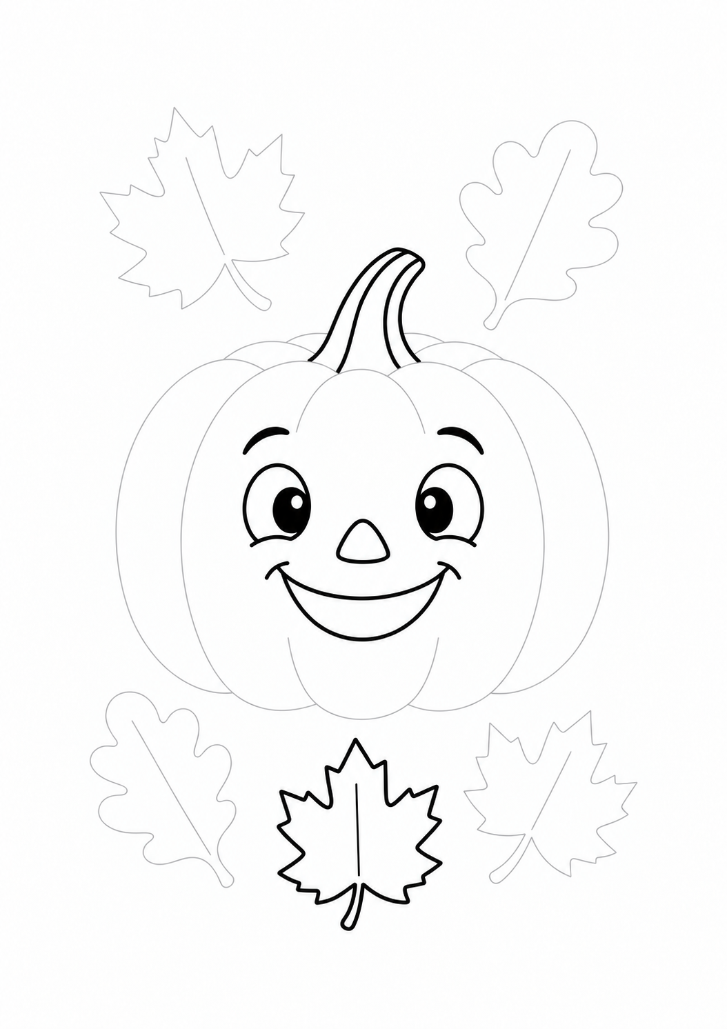 Pumpkin with Autumn Leaves: LV2 tracing worksheet with thin gray guide lines for ages 5–6, free to print on A4 paper.