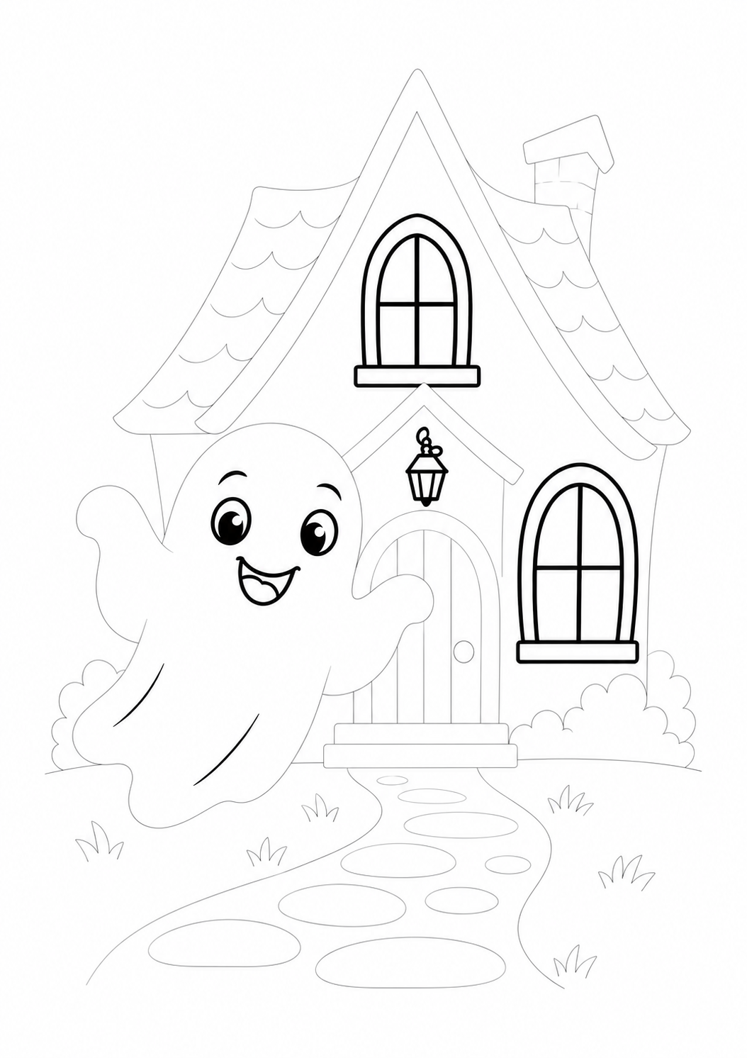 Ghost in Front of a Haunted House: LV2 tracing worksheet with thin gray guide lines for ages 5–6, free to print on A4 paper.