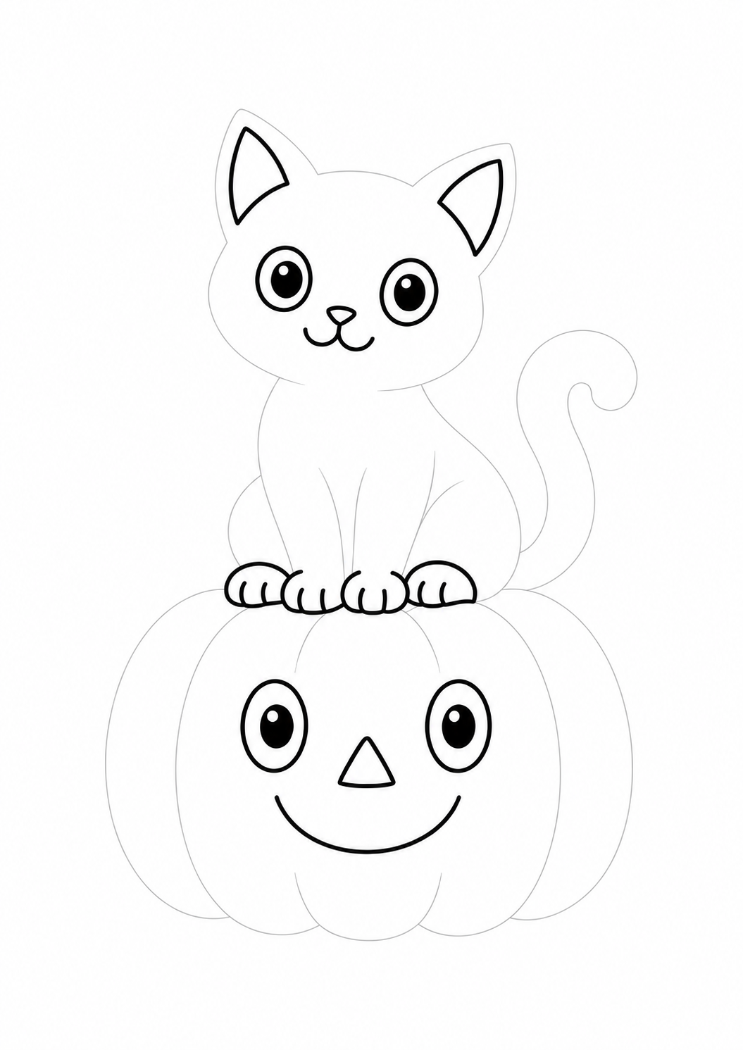 Cat Sitting on a Pumpkin: LV2 tracing worksheet with thin gray guide lines for ages 5–6, free to print on A4 paper.