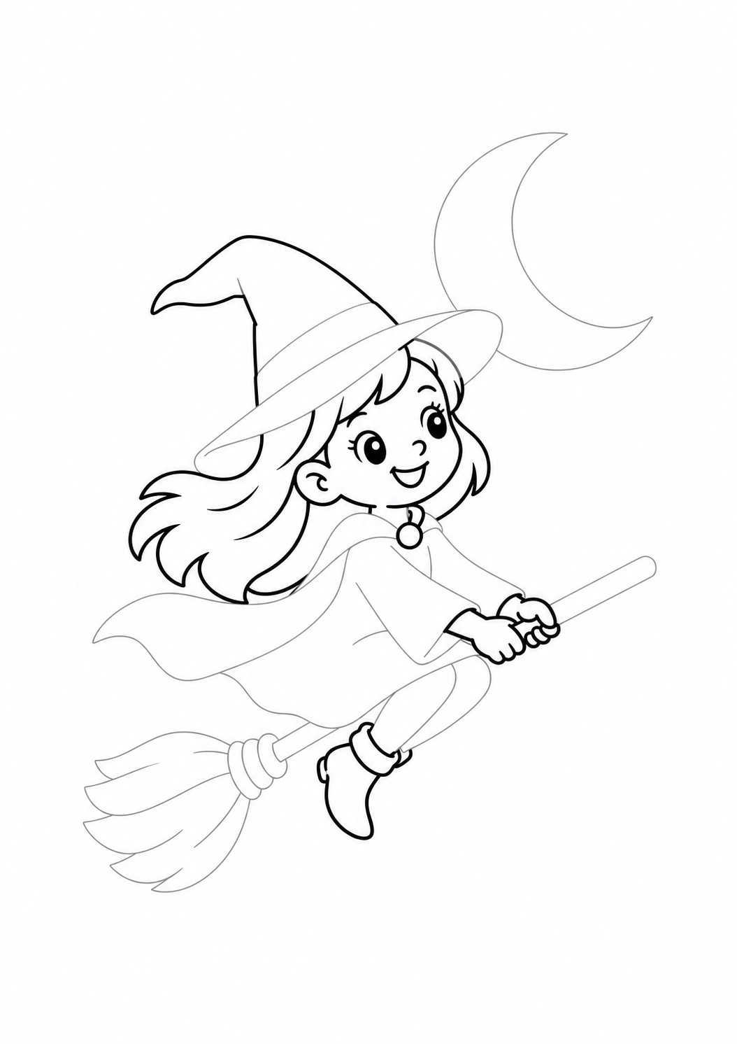 Witch with a Broom and Moon: LV2 tracing worksheet with thin gray guide lines for ages 5–6, free to print on A4 paper.