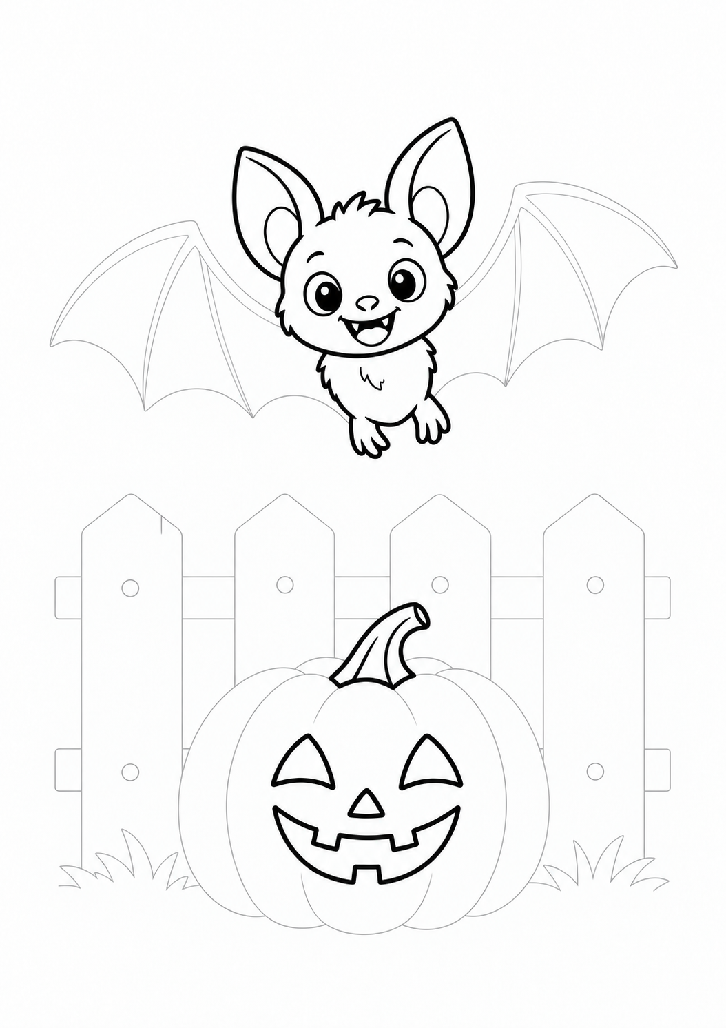 Bat Flying over a Fence with a Carved Pumpkin: LV2 tracing worksheet with thin gray guide lines for ages 5–6, free to print on A4 paper.
