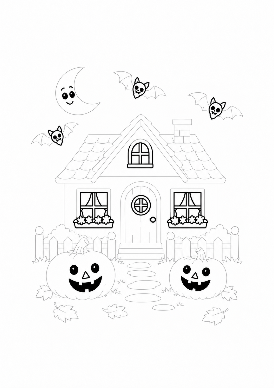 Halloween House with Pumpkins and Bats: LV2 tracing worksheet with thin gray guide lines for ages 5–6, free to print on A4 paper.