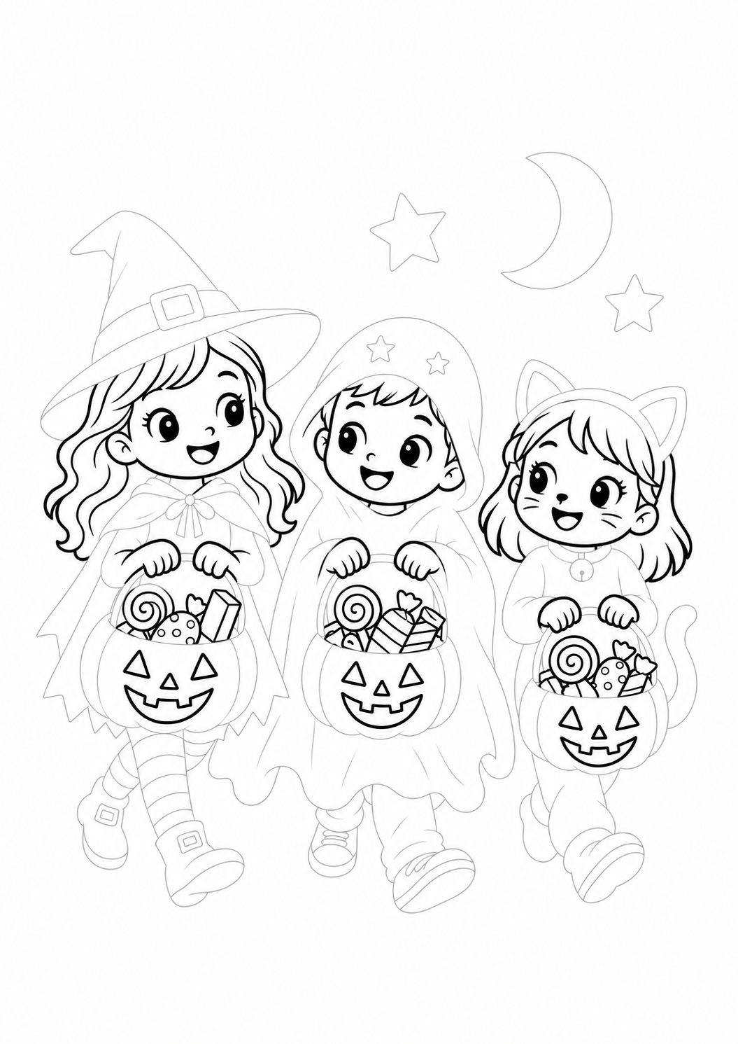Children Trick-or-Treating: LV2 tracing worksheet with thin gray guide lines for ages 5–6, free to print on A4 paper.