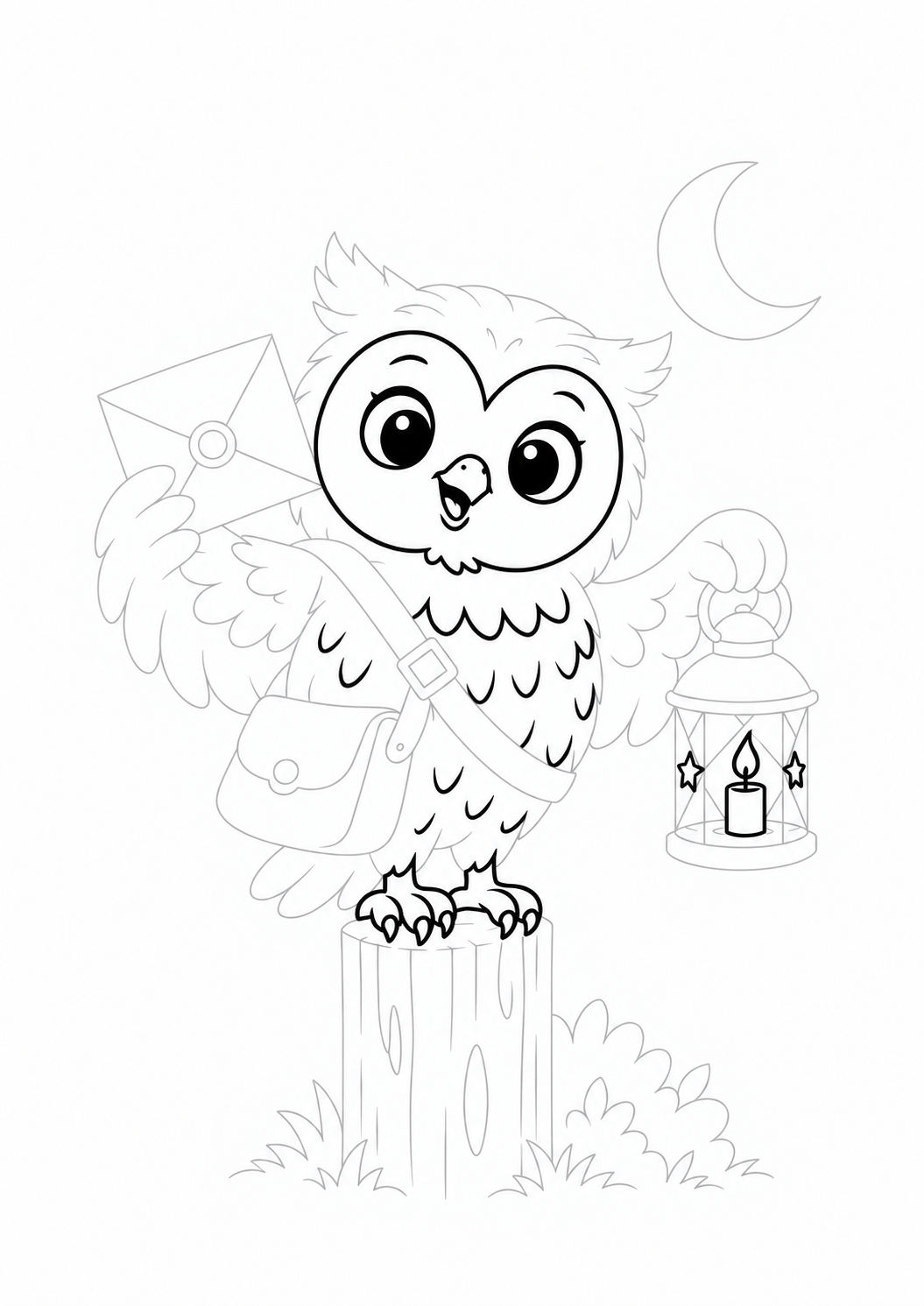 Owl Mail Carrier with a Letter and Lantern: LV2 tracing worksheet with thin gray guide lines for ages 5–6, free to print on A4 paper.
