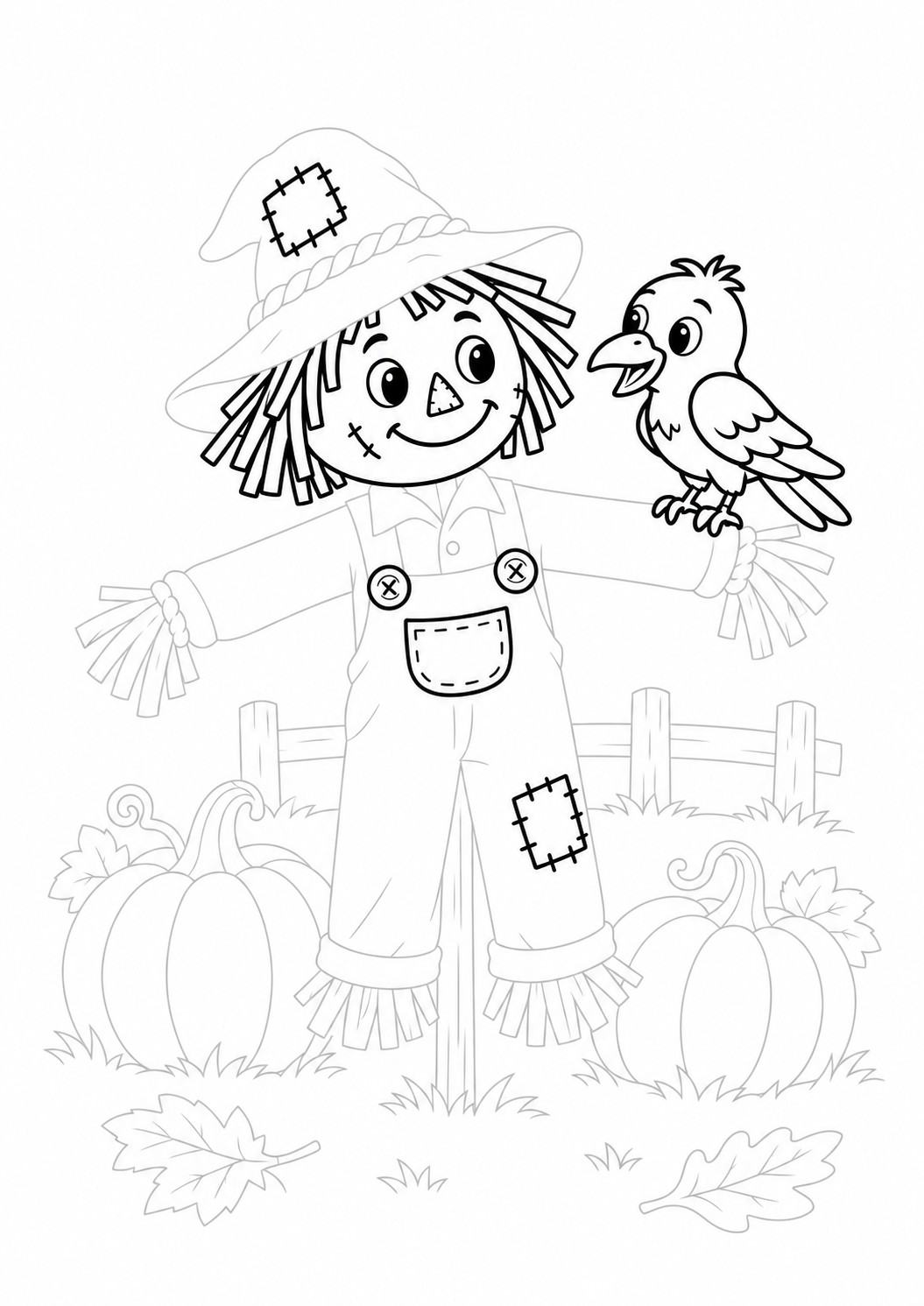 Friendly Scarecrow in a Pumpkin Patch: LV2 tracing worksheet with thin gray guide lines for ages 5–6, free to print on A4 paper.