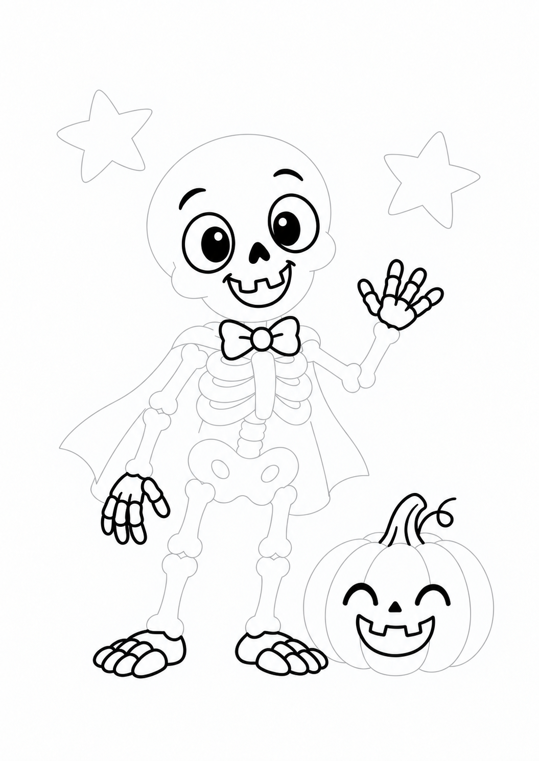 Friendly Skeleton with a Pumpkin: LV2 tracing worksheet with thin gray guide lines for ages 5–6, free to print on A4 paper.