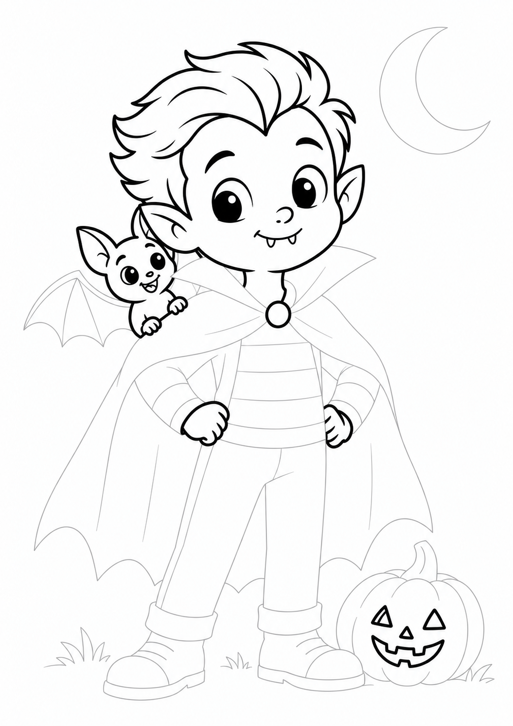 Friendly Vampire with a Bat: LV2 tracing worksheet with thin gray guide lines for ages 5–6, free to print on A4 paper.