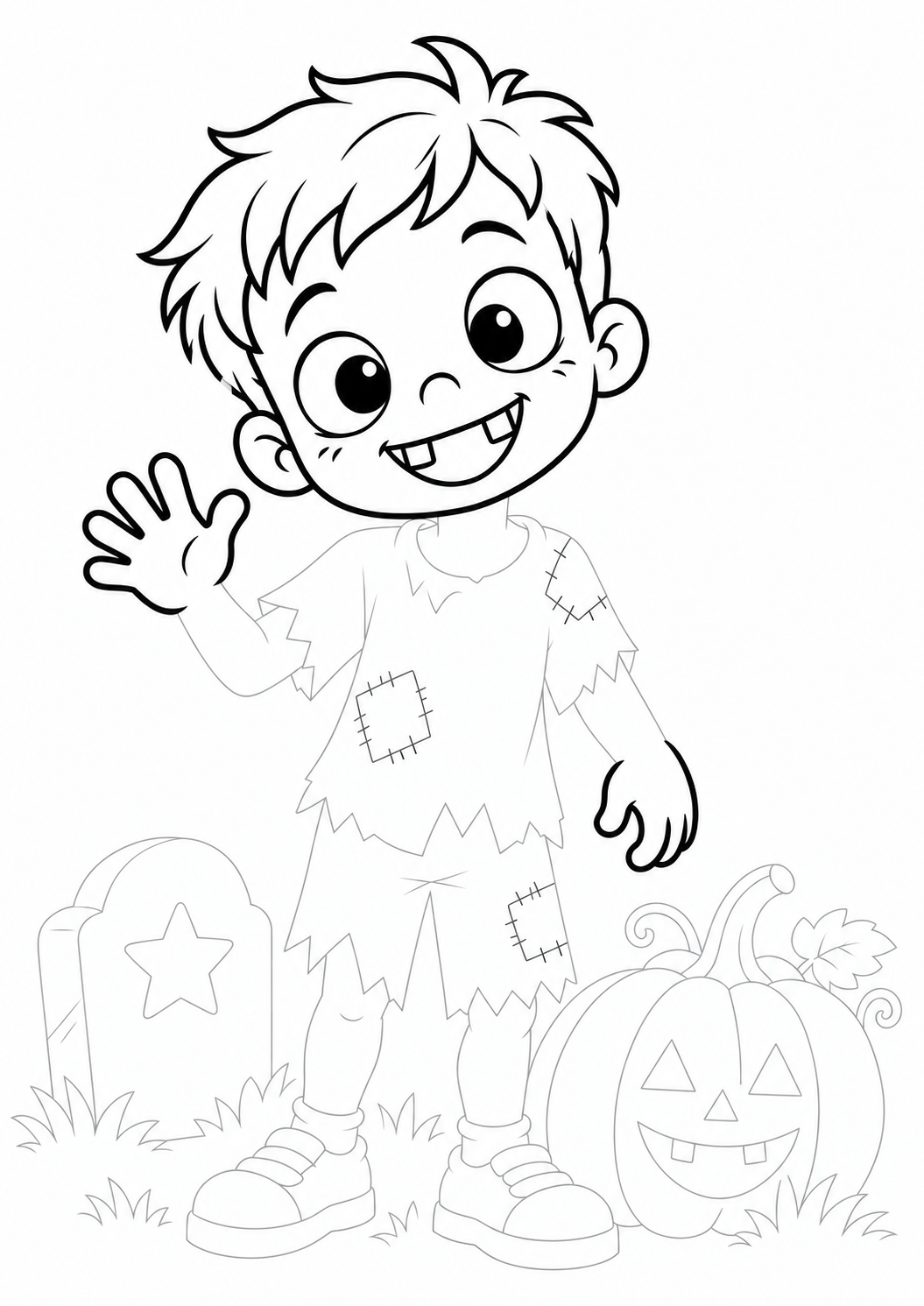 Friendly Zombie with a Pumpkin: LV2 tracing worksheet with thin gray guide lines for ages 5–6, free to print on A4 paper.