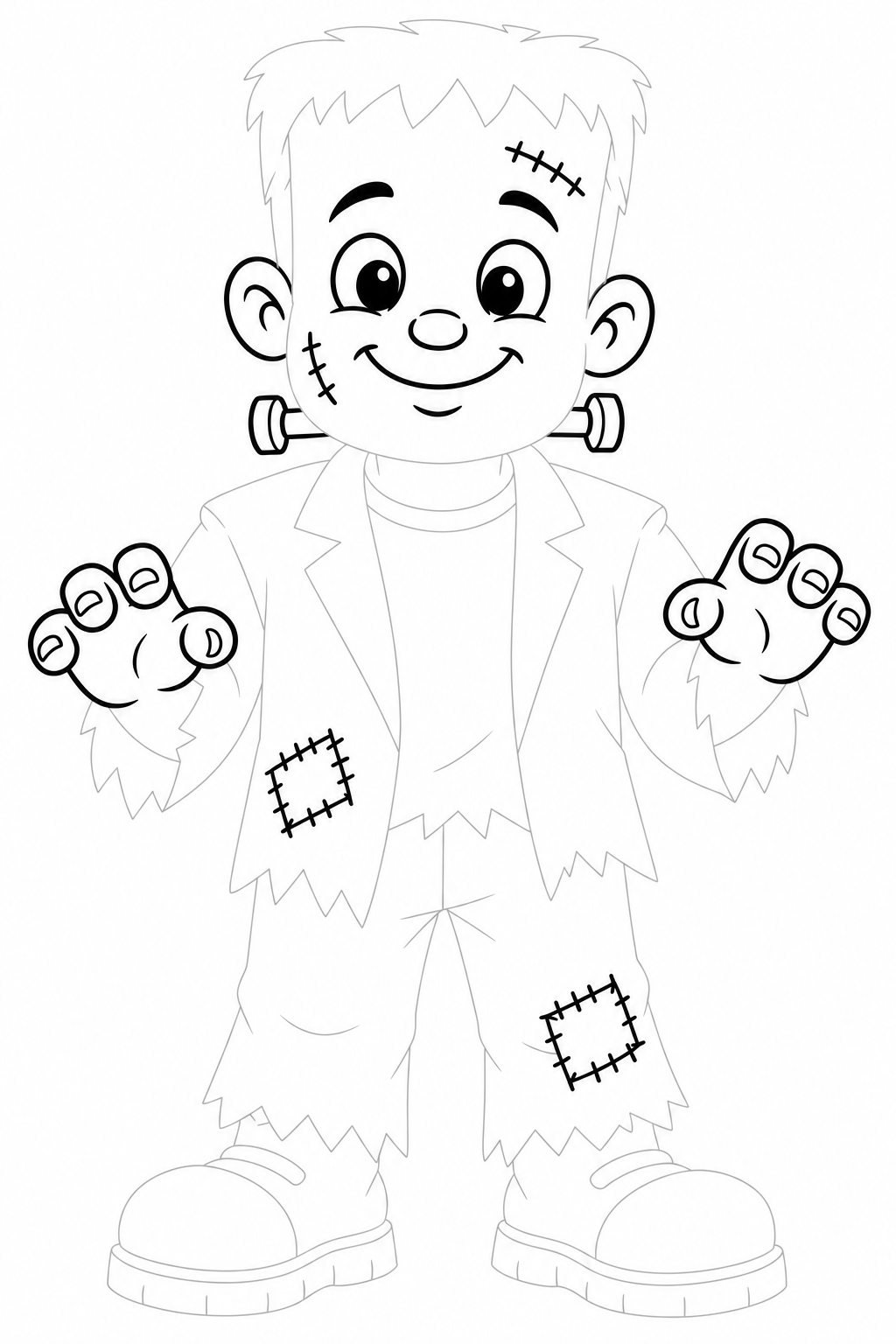 Friendly Frankenstein Monster: LV2 tracing worksheet with thin gray guide lines for ages 5–6, free to print on A4 paper.