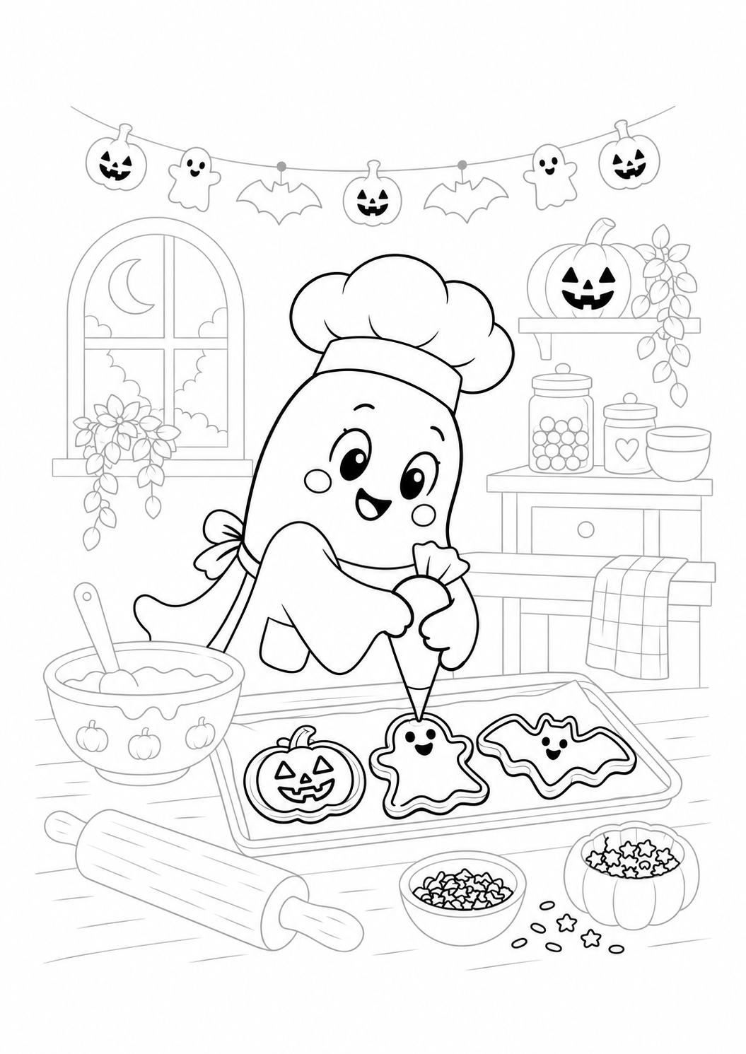 Ghost Baking Halloween Cookies: LV2 tracing worksheet with thin gray guide lines for ages 5–6, free to print on A4 paper.