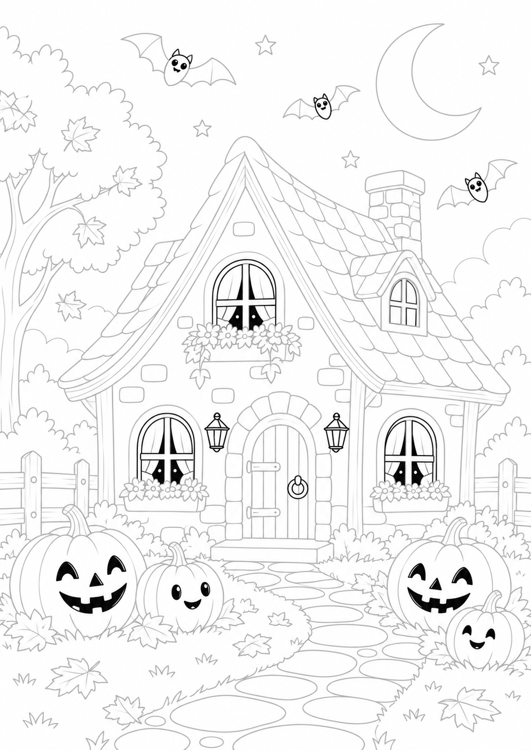 Halloween House with Pumpkins and Bats: LV3 tracing worksheet with thin gray guide lines for ages 7–9, free to print on A4 paper.