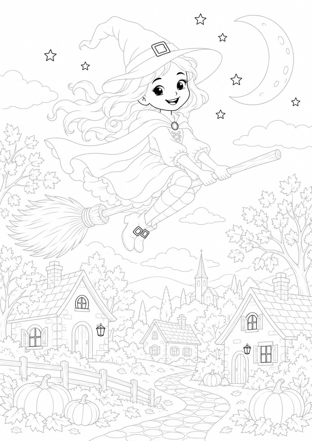 Witch Flying over an Autumn Village by the Moon: LV3 tracing worksheet with thin gray guide lines for ages 7–9, free to print on A4 paper.