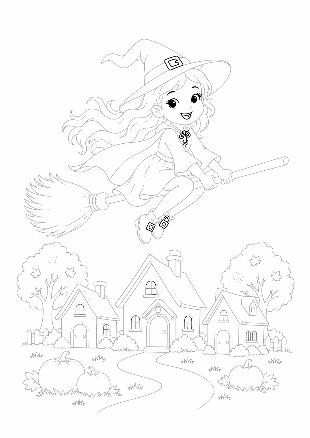 Witch Flying over an Autumn Village among Stars: LV3 tracing worksheet with thin gray guide lines for ages 7–9, free to print on A4 paper.