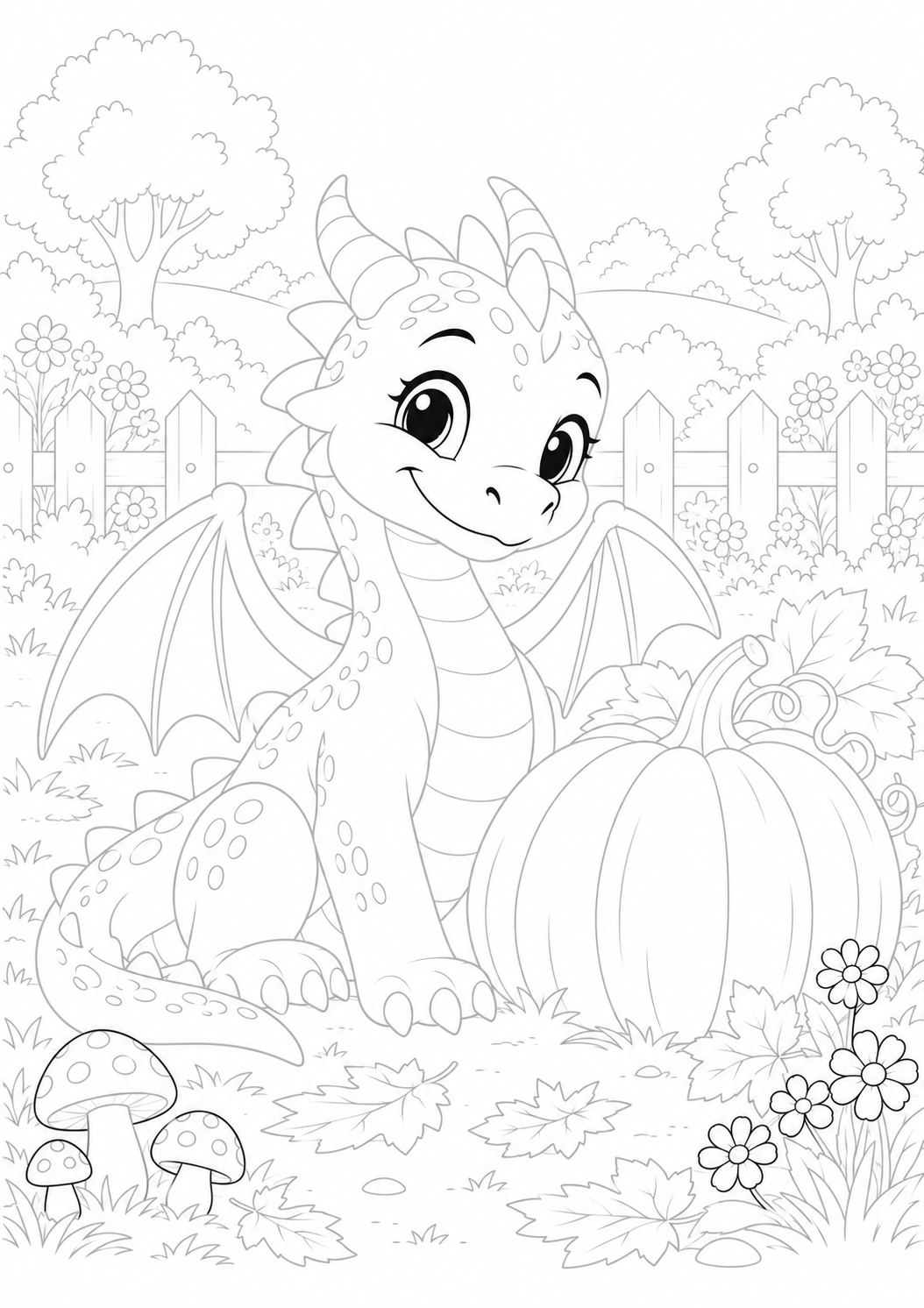 Dragon Holding a Pumpkin in an Autumn Garden: LV3 tracing worksheet with thin gray guide lines for ages 7–9, free to print on A4 paper.