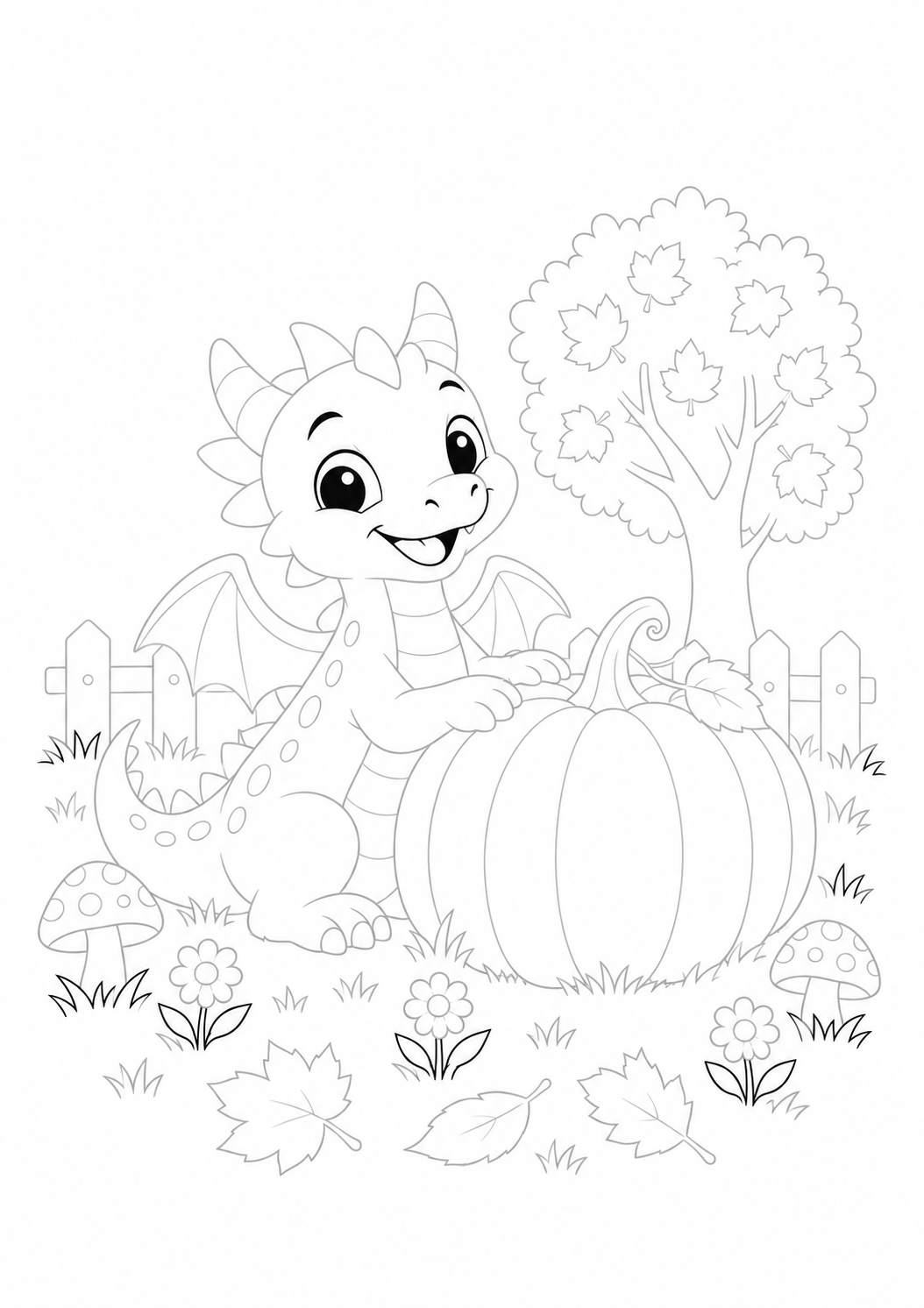 Dragon beside a Pumpkin in an Autumn Garden: LV3 tracing worksheet with thin gray guide lines for ages 7–9, free to print on A4 paper.